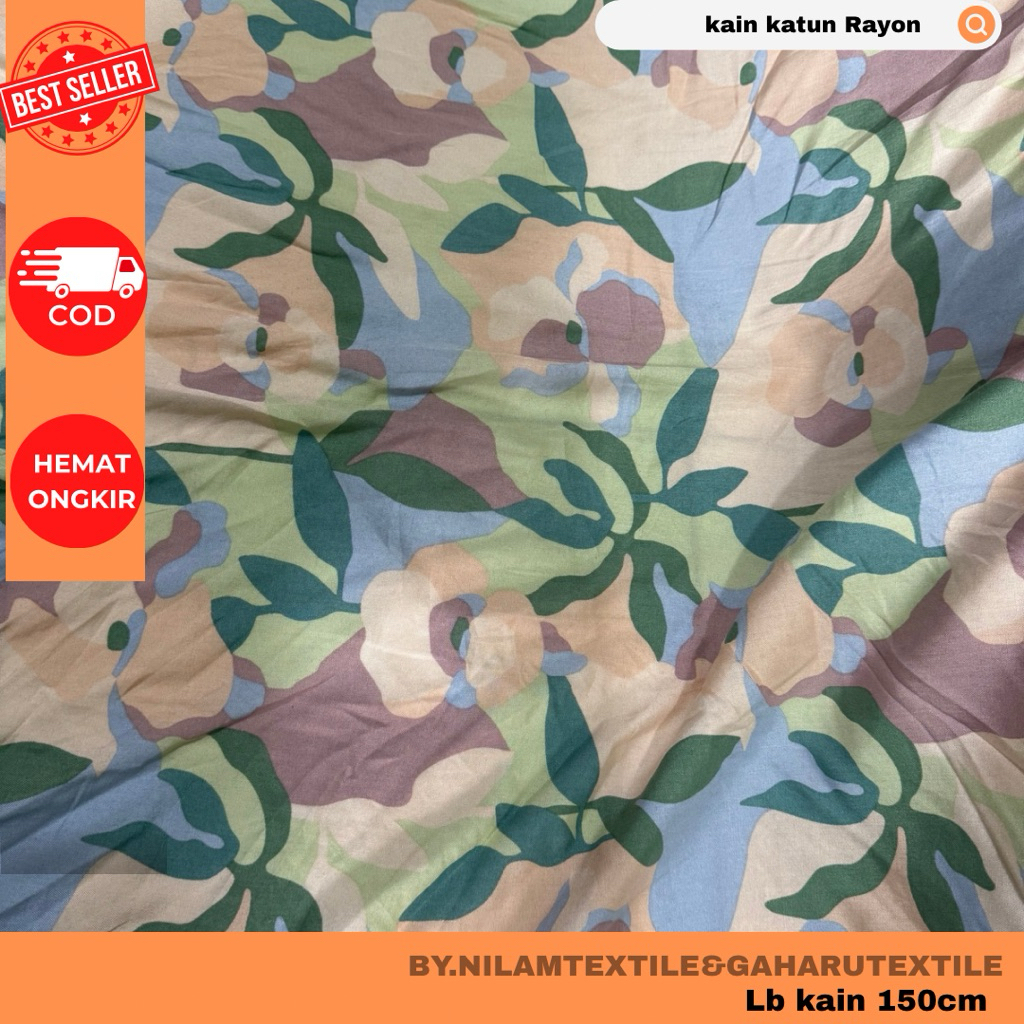 kain katun rayon/bahan rayon premium-rayon viscose-motif daun beseler-kain meteran gaharu