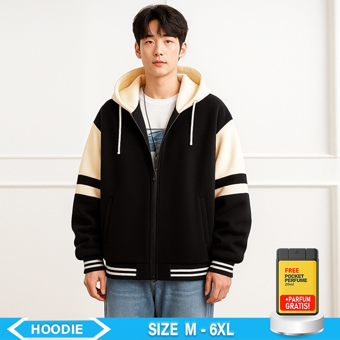 Hoodie Oversize Pria Wanita Korea Look Unisex Hitam cream (M-6XL) Jaket Fleece Tebal kekinian x1