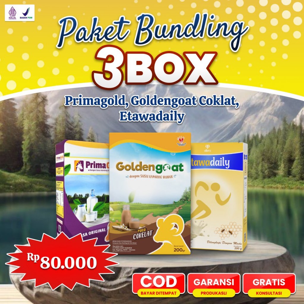 

PAKET BUNDLING 3 BOX SUSU KAMBING ETAWA Primagold | Goldengoat | Etawadaily, Harga Spesial: Rp 80.000
