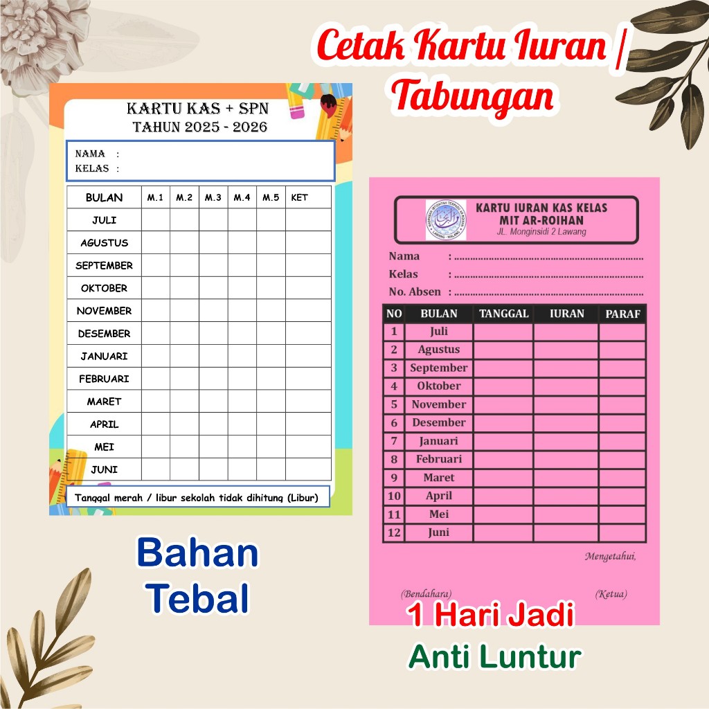 

Kartu Iuran / SPP / Infaq Custom Tebal bisa untuk SPP / IURAN WARGA / KARTU SYAHRIAH/ KAS BULANAN / kARTU PAGUYUBAN