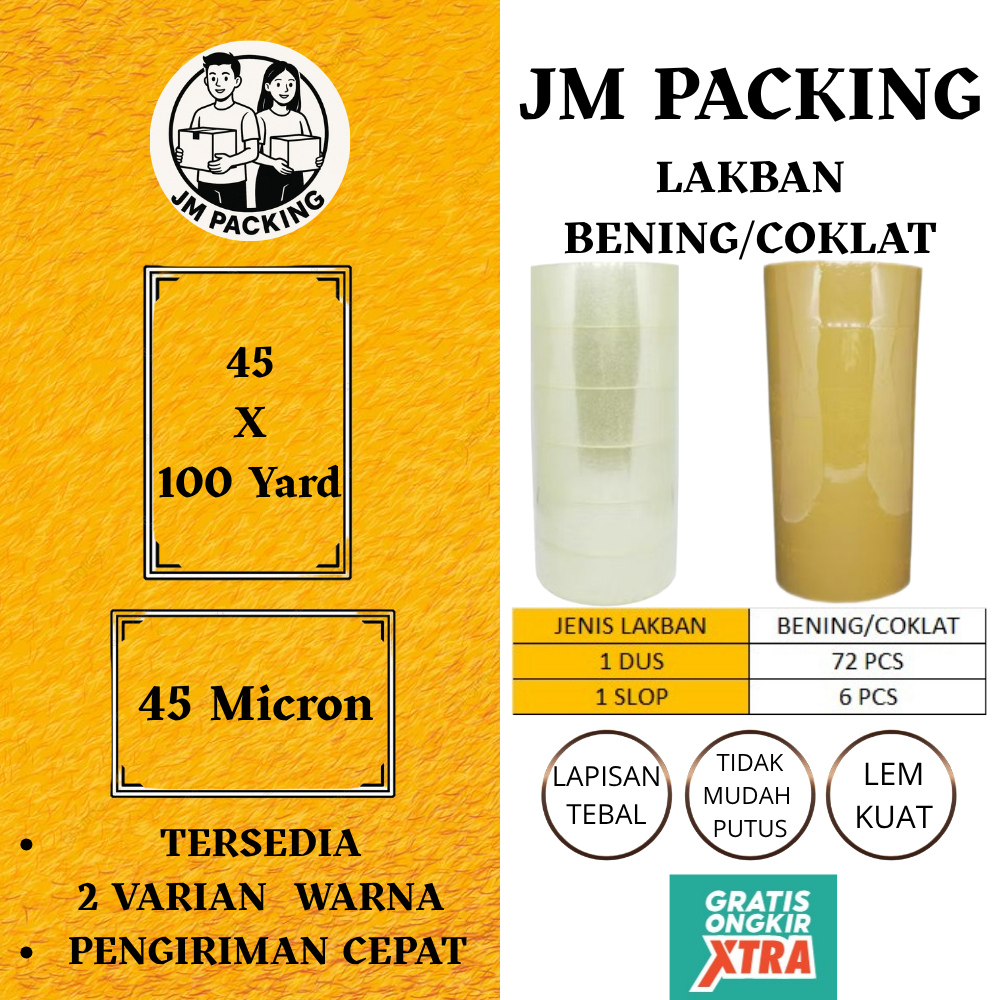 

JM LAKBAN BENING/COKLAT 100YARD (91M) /LAKBAN KUAT/ TAHAN AIR/ LAKBAN PREMIUM TERMURAH