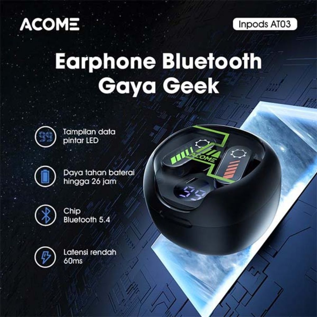 Headset Earphone TWS Original Bluetooth 5.4 Tampilan layar pintar led Acome AT03