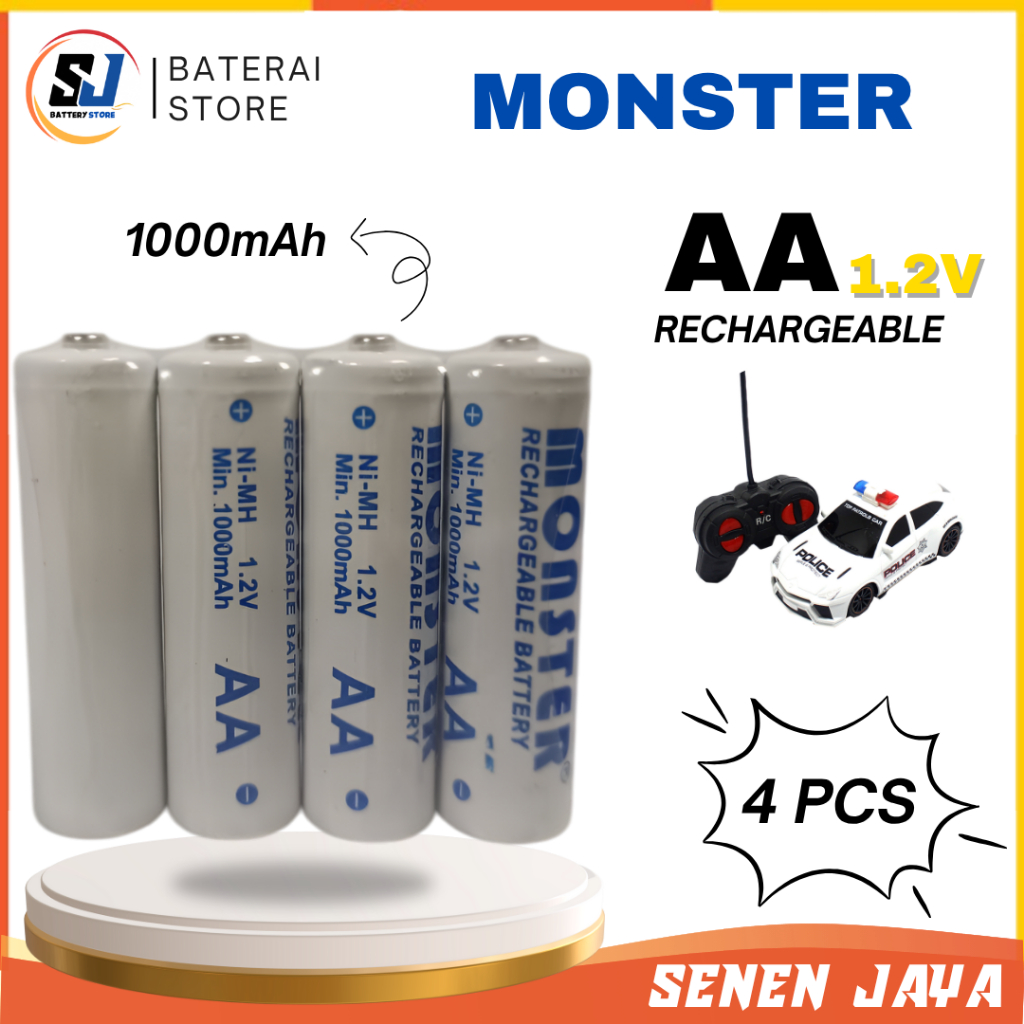Baterai AA Monster 1000mAh Isi 4 Cas Rechargeable ORIGINAL A2 Besar Mobil Remote Mobil Remot Charger