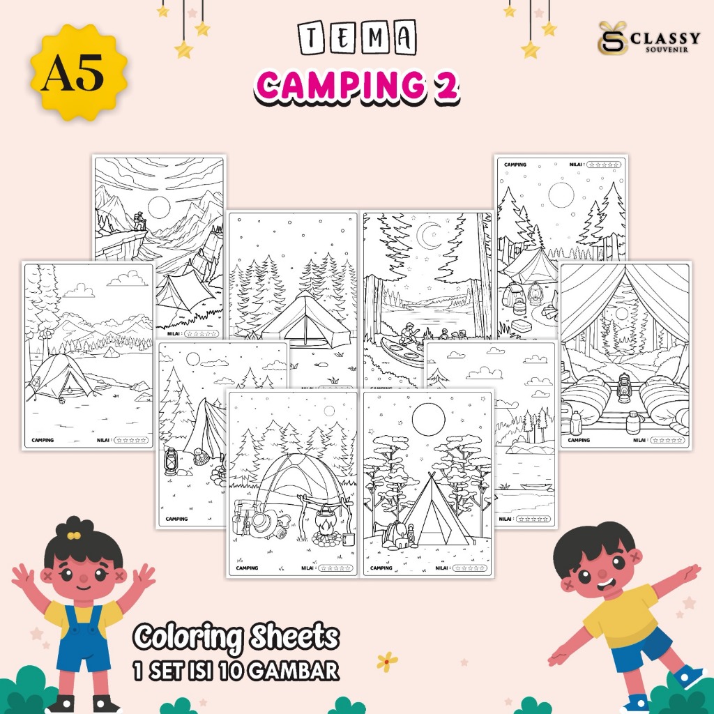

LEMBAR GAMBAR MEWARNAI A5 BAGIAN TEMA CAMPING - KERTAS MEWARNAI ANAK - COLORING SHEETS FOR KIDS