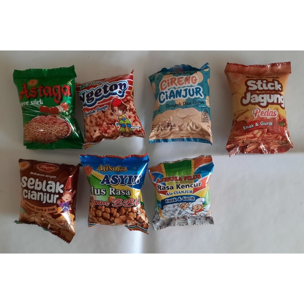 

Cemilan 8 gr eceran astaga/asyik/cikur/stick jagung pedas/seblak cianjur/cireng cianjur/ngetop