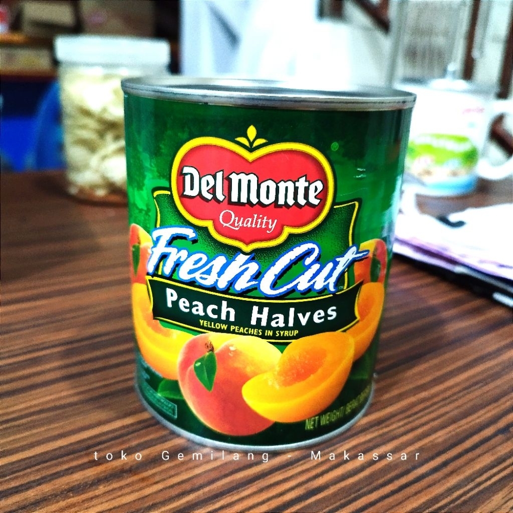 

Del Monte fresh cut peach halves in syrup 825 gr, buah peach kaleng dalam sirup
