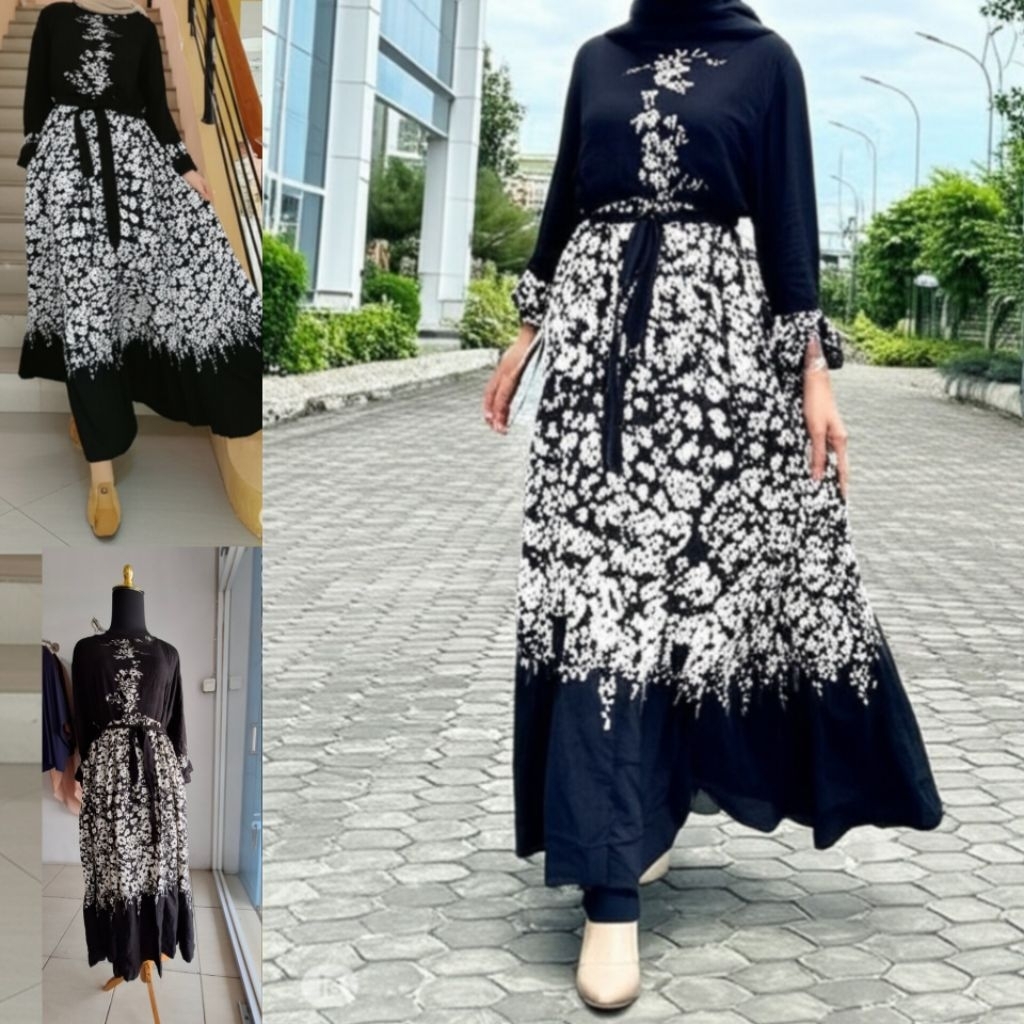 Midi Dress Long Bahan Rayon Premium  Motif Bunga Terbaru Wanita Muslim Lengan Rempel Midi Dress Kore