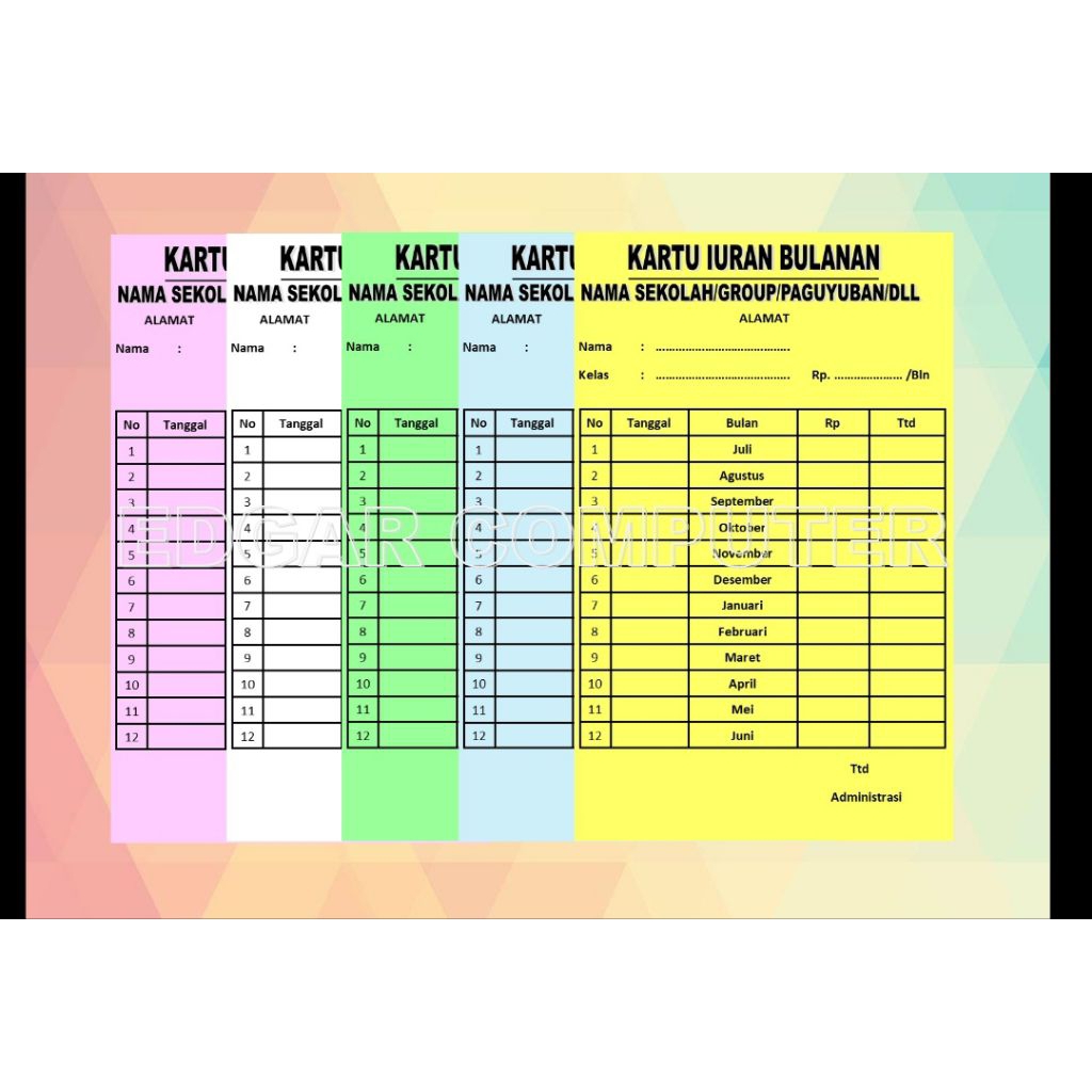 KARTU Iuran/SPP/Komite/Paguyuban Dll.Ukuran A6,BISA COSTUM SESUAI KEBUTUHAN