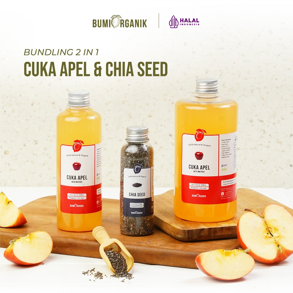 

PAKET 2 IN 1 CUKA APEL ORGANIK 500ML CHIA SEED BUMI ORGANIK / UNTUK DIET WAJAH LAMBUNG ORIGINAL HALAL BRAGG VINEGAR HEINZ ALAMI / APPLE CIDER VINEGAR WITH MOTHER DEHEALTH SW HEINZ BRAGG 946 NUTRILOGY OFFICIAL / CUKA APEL NUTRIFARM / DARI BUMI / BEORGANIK