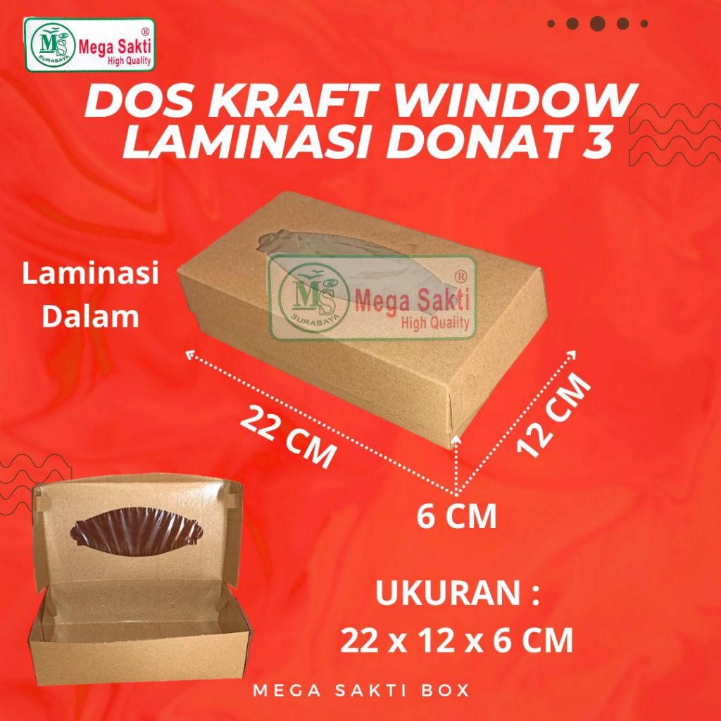 (ISI 1 PCS) DOS / DUS KUE DONAT KRAFT WINDOW LAMINASI ISI 3 UK 22 X 12 X 6 CM / DUS DONAT LAMINASI T