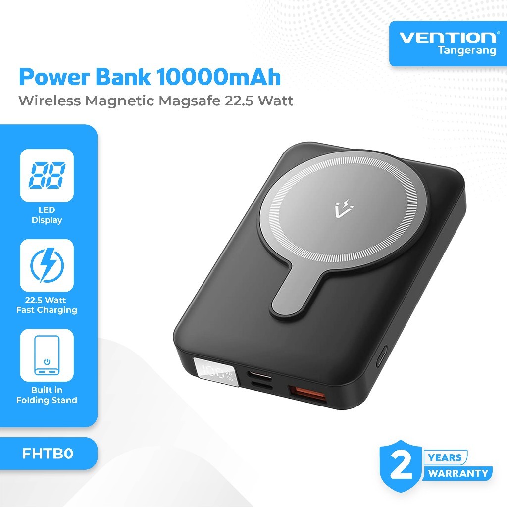 VENTION FHTB0 Wireless Magnetic MagSafe Powerbank 10000mAh Fast Charging 22.5W with LED Display Blac
