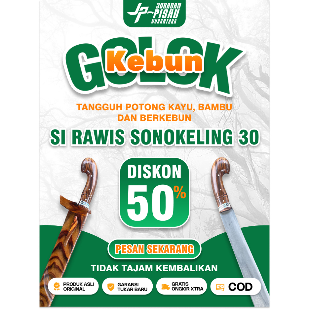 Golok Kebun Ergonomis Multifungsi Sarung Kayu Sonokeling | Golok Tebas Baja Sup9 | Juragan Pisau Nus