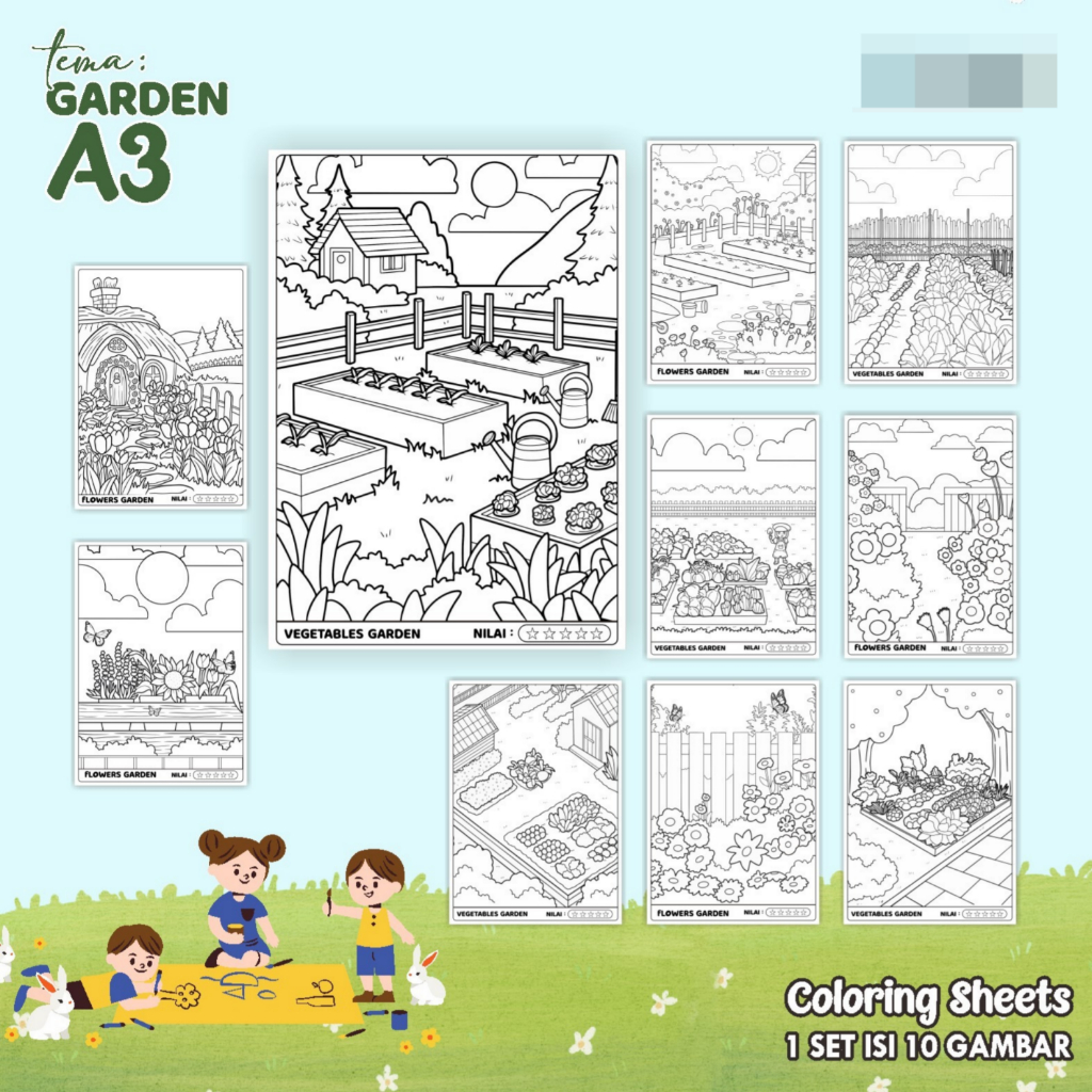 

KERTAS GAMBAR MEWARNAI TEMA GARDEN - LEMBAR COLORING SHEETS FOR KIDS ISI 10 LEMBAR [A3] READY