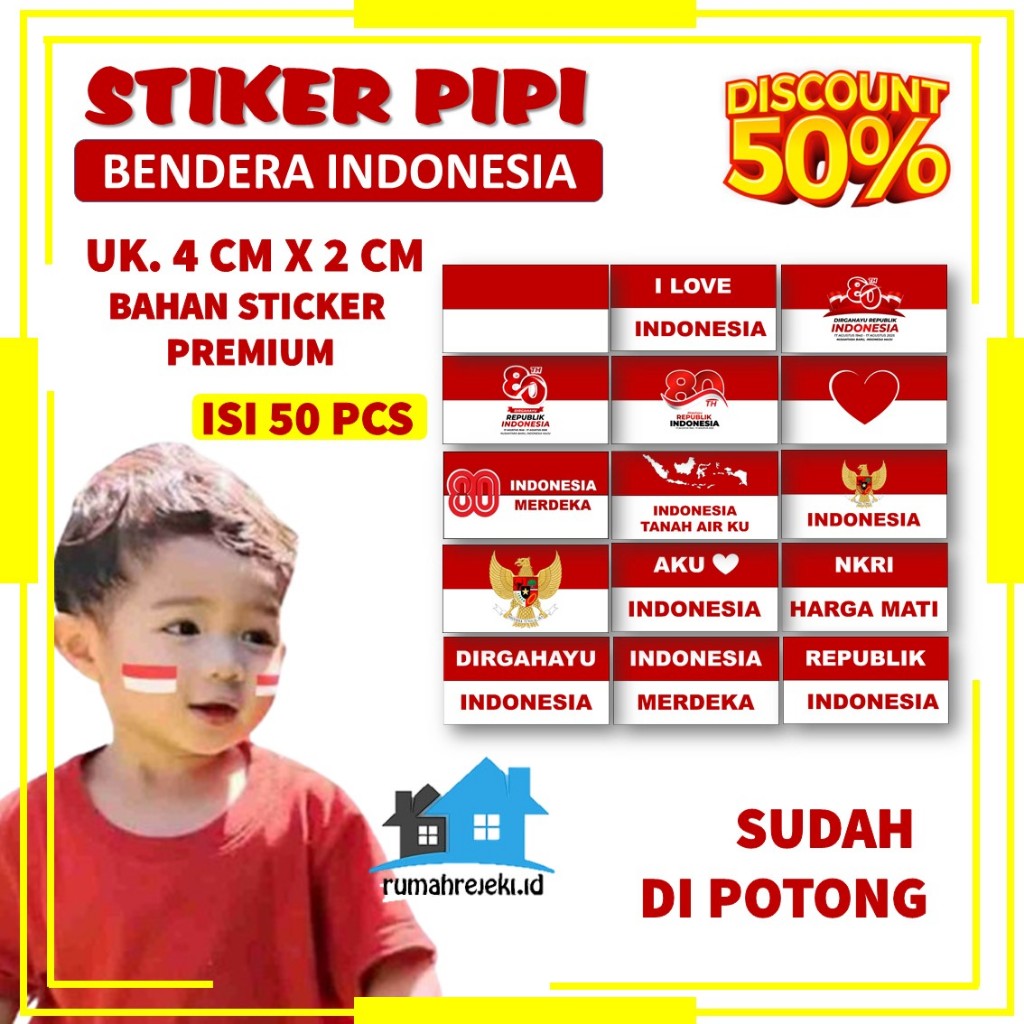 

Sticker Bendera Pipi INDONESIA isi 50 pcs / Stiker Bendera Indonesia Merah Putih / Stiker Tempelan Pipi HUT RI ke 80