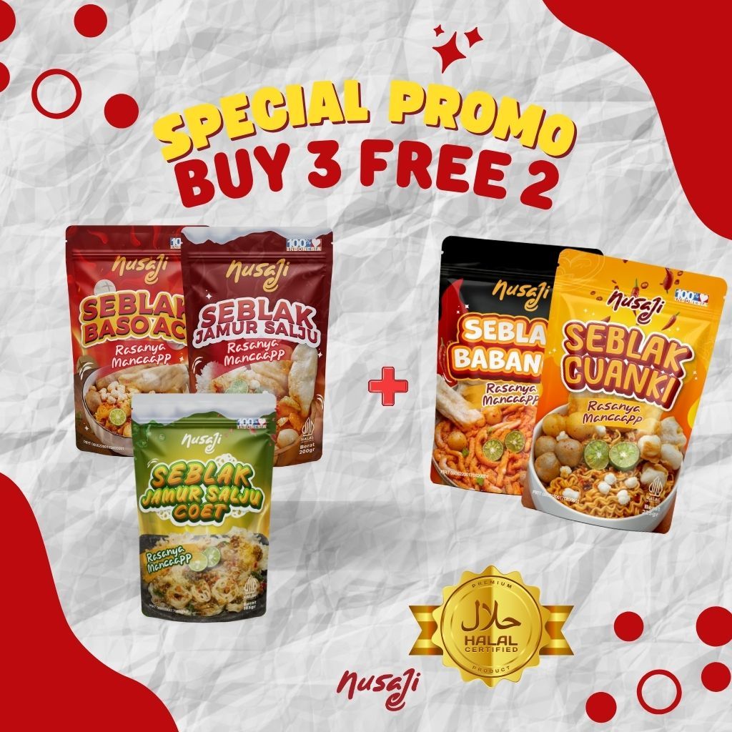 

Nusaji Promo Seblak Instan Buy 3 Free 2 Spesial Promo (All Varian 5 Item)