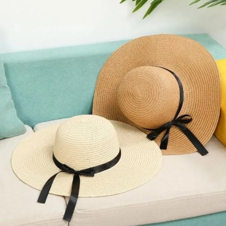 Topi Pantai Wanita Pinggiran Lebar / Topi Pantai Jerami Pita Polos / Premium Import / Korean Style