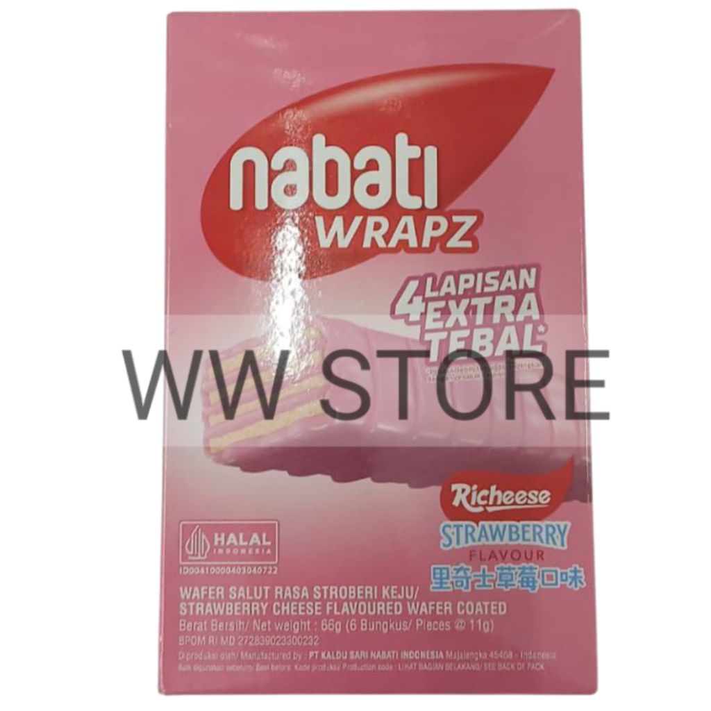 

Wafer salut rasa stroberi keju halal MUI nabati WRAPZ Richeese Strawberry Cheese Flavoured Wafer Coated 66g ( 6x11g )