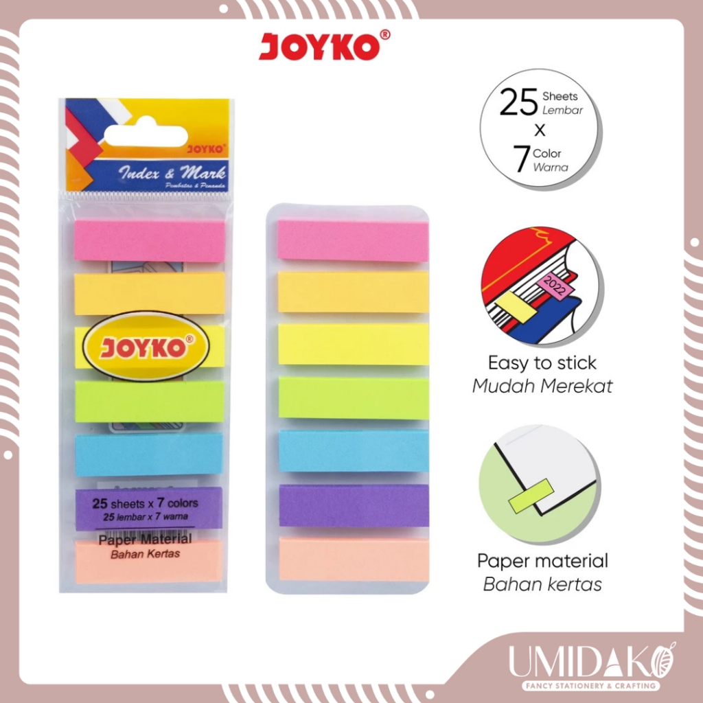 

[UMIDAKO] STICKY NOTE PEMBATAS | INDEX MARKER | PEMBATAS HALAMAN BAHAN KERTAS JOYKO WARNA WARNI 25 LEMBAR PER WARNA