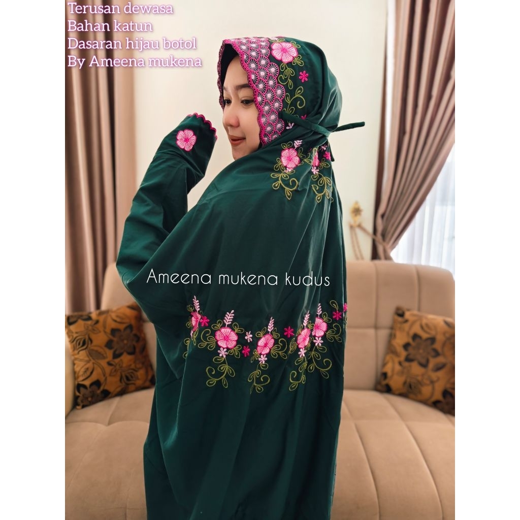 MUKENA TERUSAN DEWASA BUNGA KAIN WARNA HIJAU BOTOL