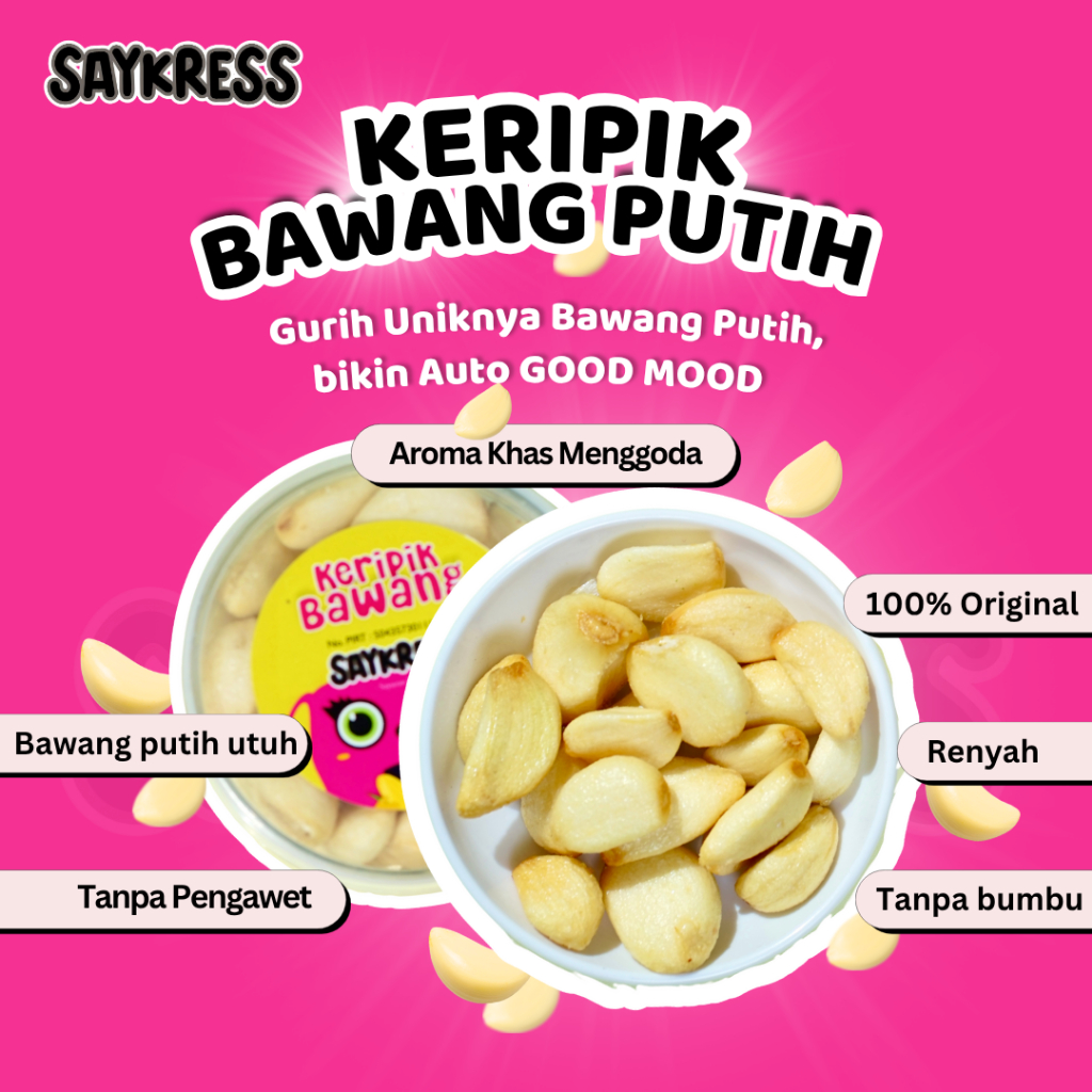

Saykress Keripik Bawang Putih Toples 300ml | Camilan Sehat Tanpa Tepung | Snack Bawang Utuh NO MSG