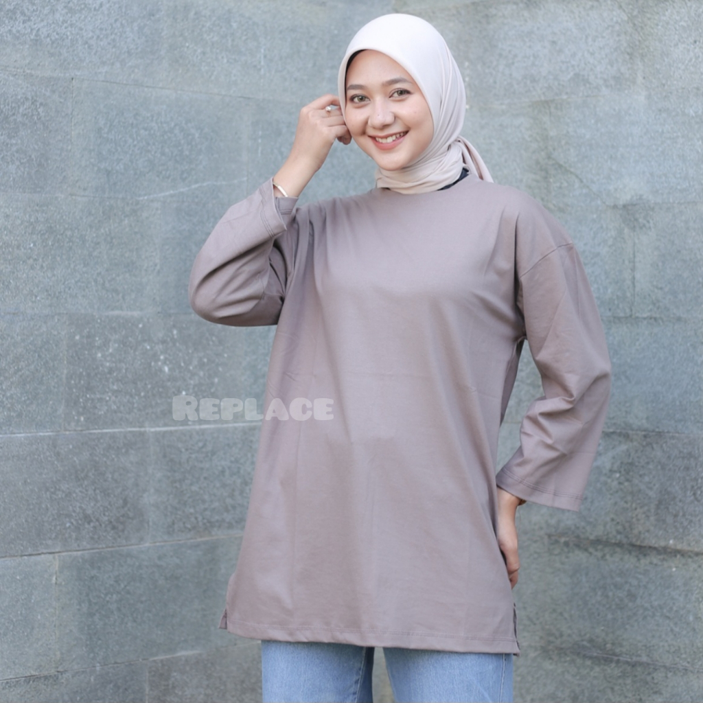 Kaos Oversize Wanita Slit Atasan Jumbo Lengan Panjang 7/8 Hijab Style