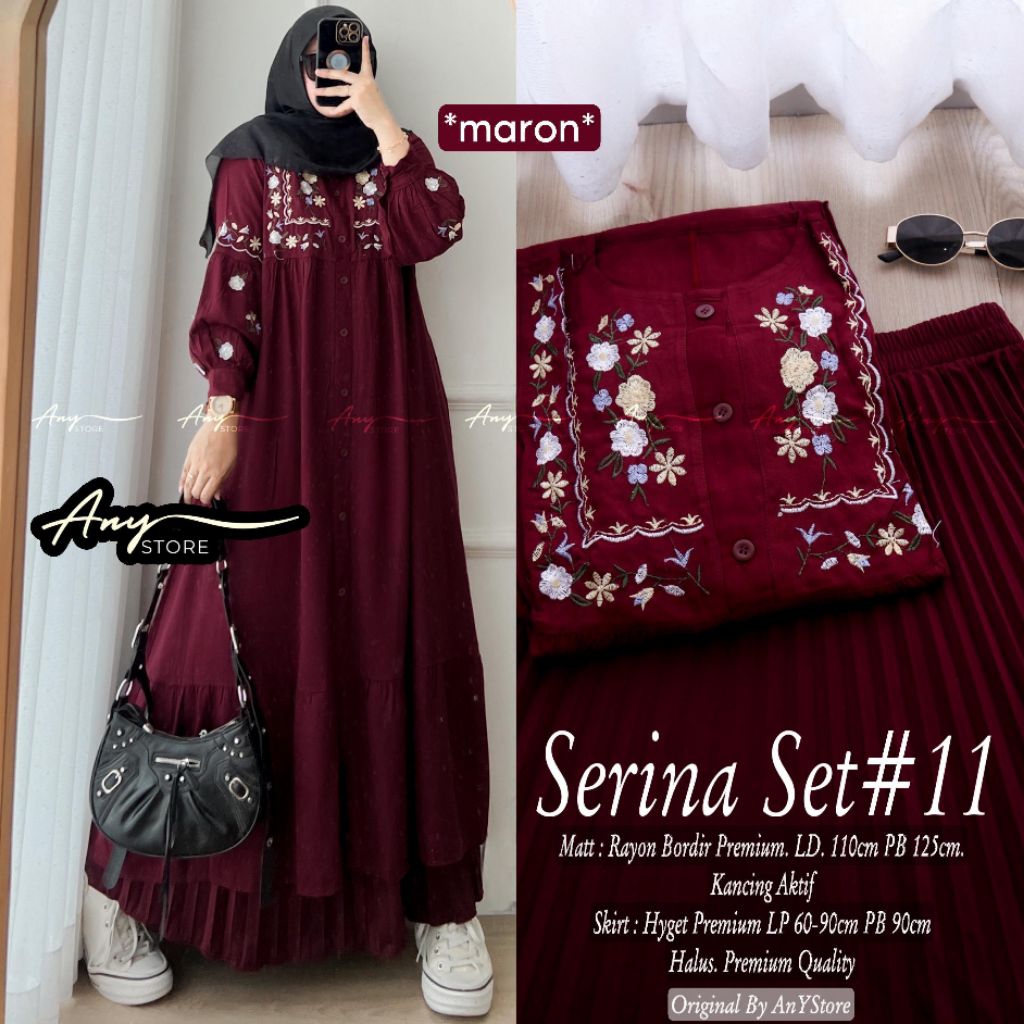 Serina #10 #11 Set setelan tunik dan rok panjang plisket midi dress Rayon Bordir Premium outfit kamp