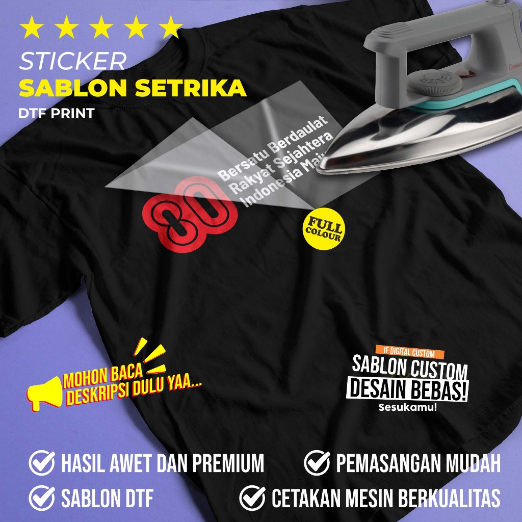

Sticker Sablon Setrika DTF untuk Kaos Logo Bendera Garuda Peta Indonesia HUT RI 80 Kemerdekaan 17 Agustus DTF IF Digital Custom Satuan Siap Press