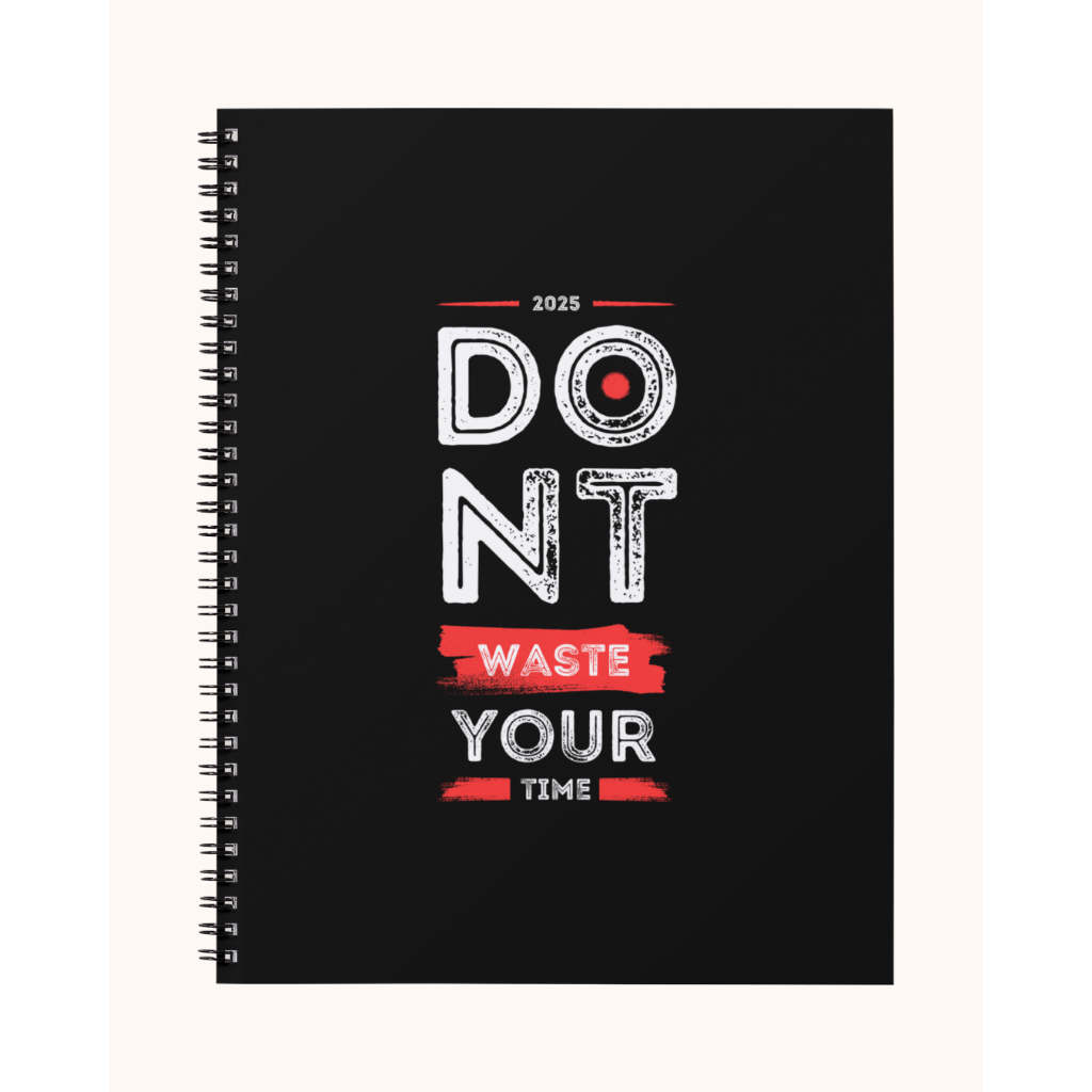 

Notebook Reflektif A5 Spiral – 50 Halaman Hitam Putih | HVS 80gsm & 100gsm – Don’t Waste Your Time