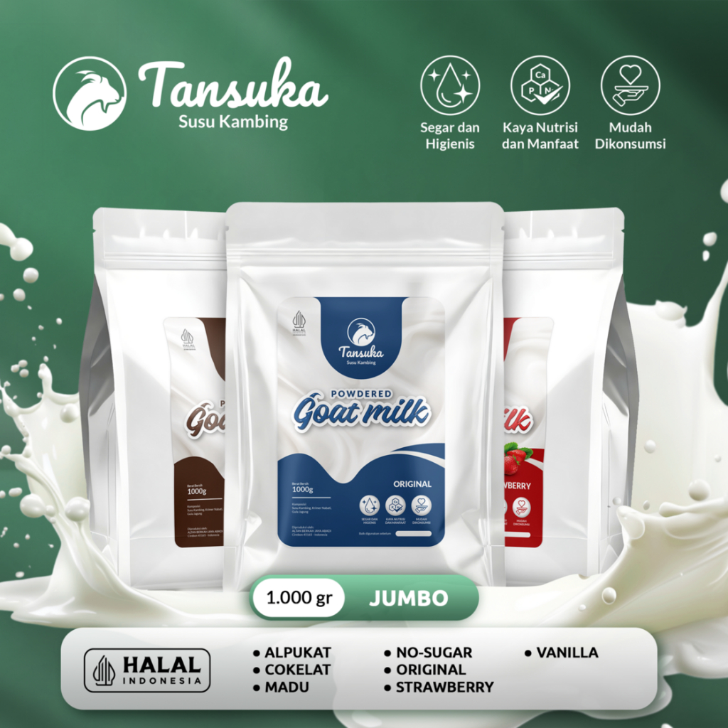 

Tansuka Susu Kambing Etawa Jumbo 1000g All Variant - Alpukat, Cokelat, Madu, Non Sugar, Strowberry, Vanilla