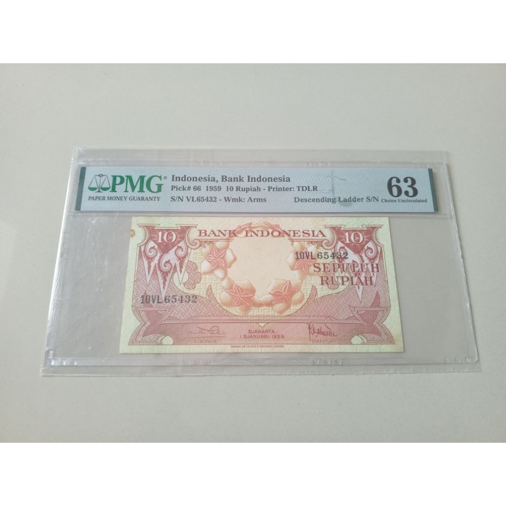 PMG 63 Stains 10 rupiah bunga thn 1959 Descending Ladder S/N
