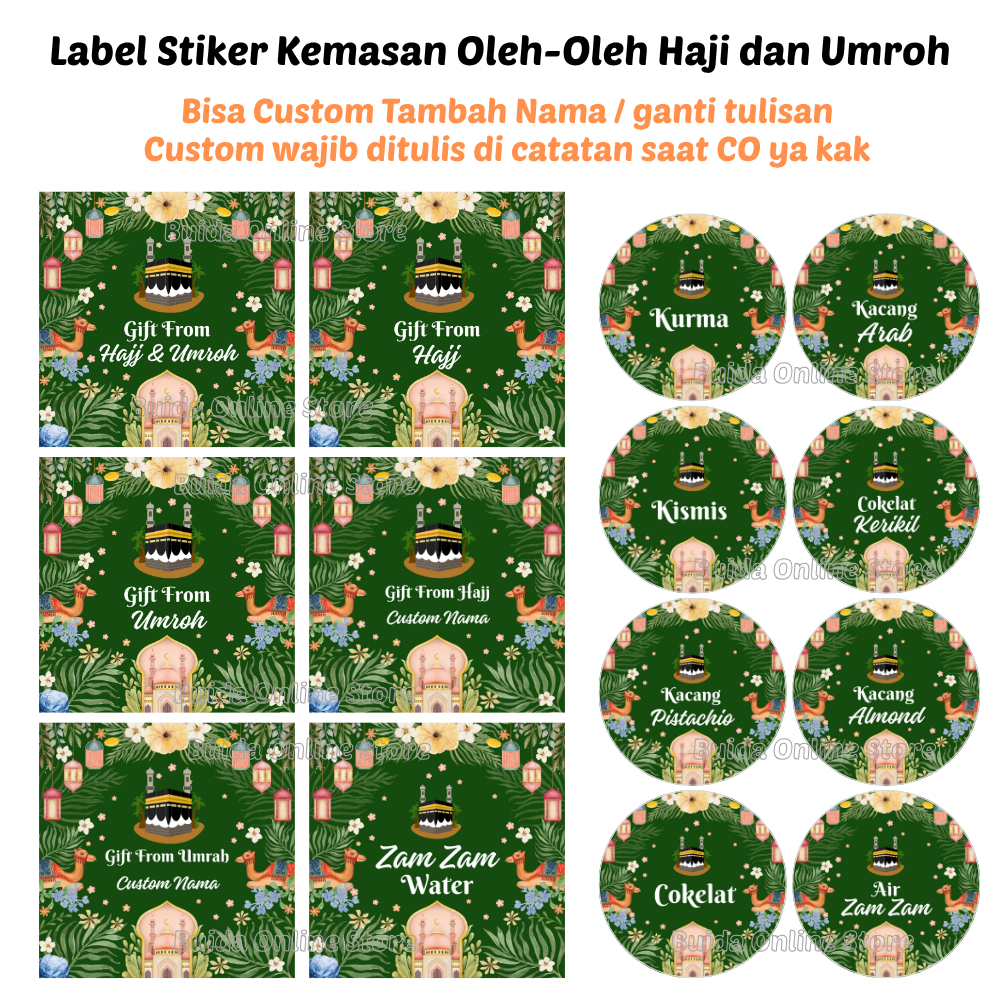 

Sticker label kemasan oleh-oleh haji umroh stiker gift from hajj umrah hampers hijau bunga flower shabby mika dus box tas thinwall kurma kismis kacang arab pistachio almond air zamzam cokelat kerikil