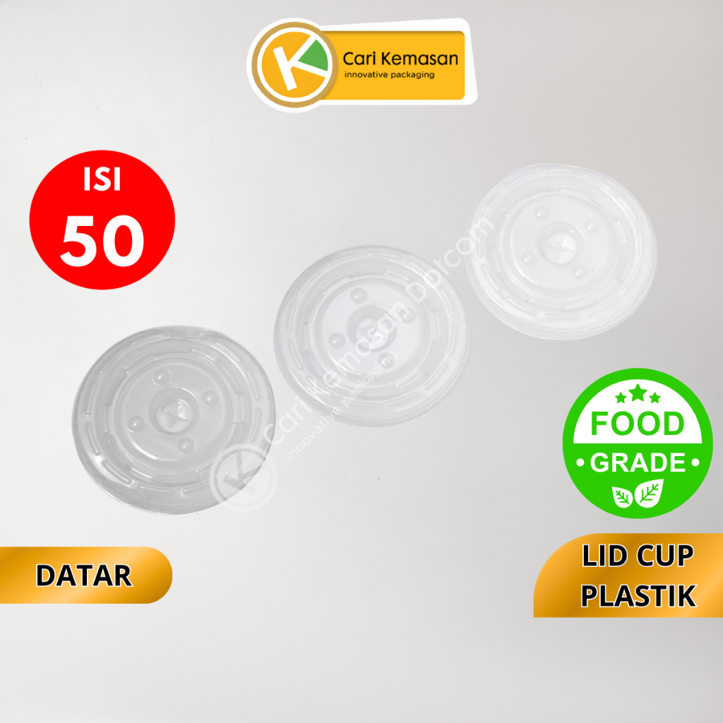 ISI 50 Tutup Gelas Plastik Datar Lid Cup Bening Food Grade – Cocok untuk Es Kopi, Boba, Jus, dan Min
