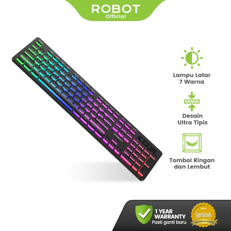 ROBOT Keyboard Kabel RK40 Backlit RGB 7 Warna Ultra Tipis Minimalis 104 Key Sunyi & Responsif Desain