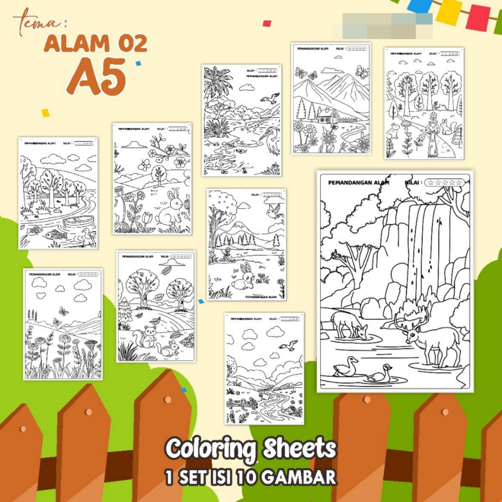 

KERTAS GAMBAR MEWARNAI TEMA ALAM - LEMBAR COLORING SHEETS FOR KIDS ISI 10 LEMBAR [A5] READY