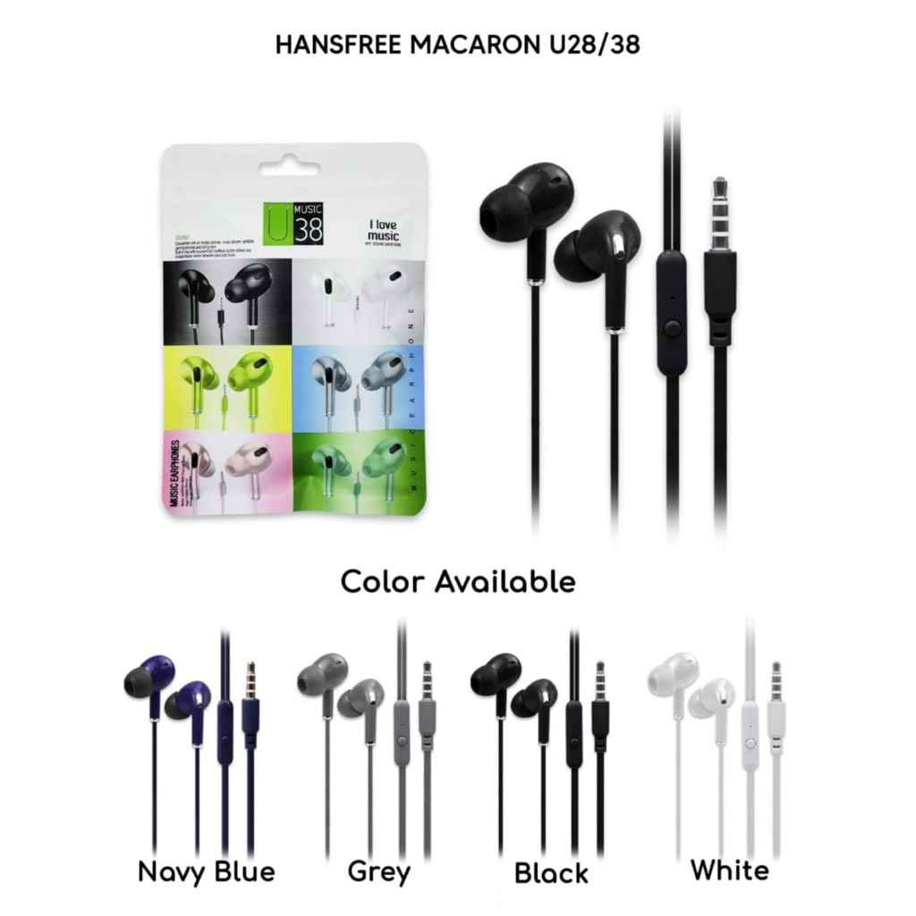 U28 / U38 Earphone - Headset - Handsfree MACARON Extra Bass HF Murah Universal + Mic Makaron