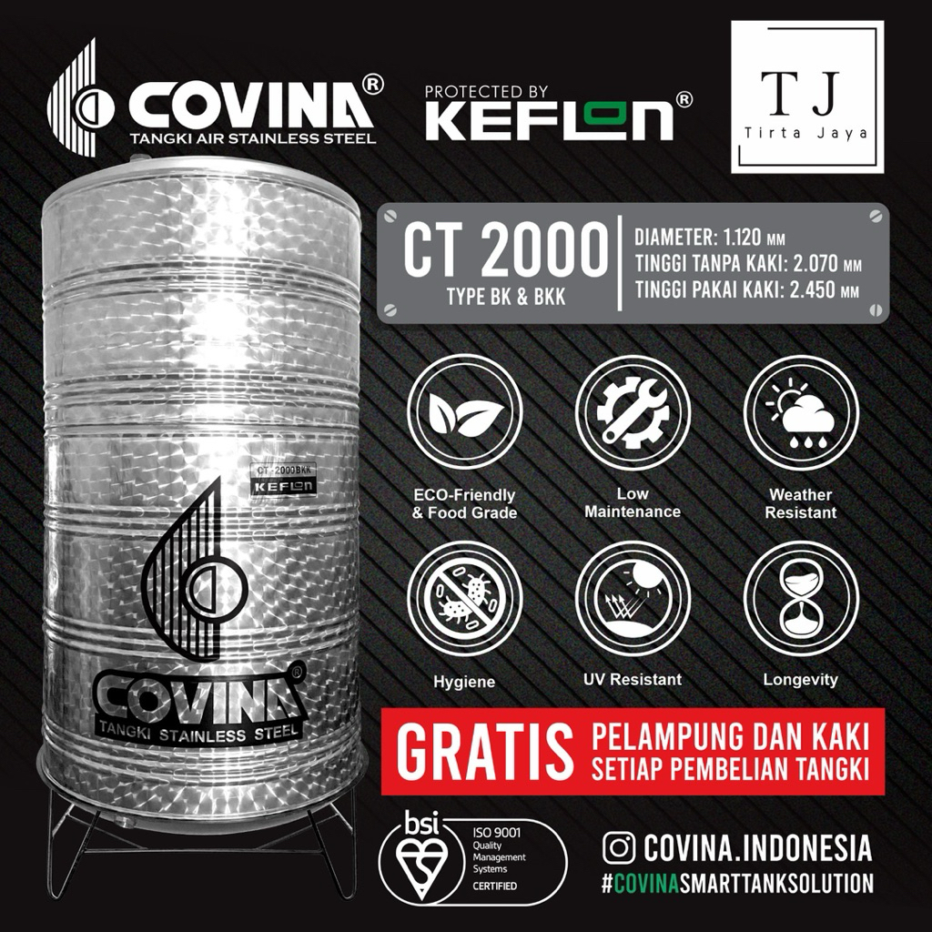 Tangki Air COVINA STAINLESS STEEL CT 2000 BK BKK Tandon Air Toren Air