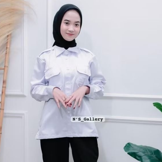 NS - Kemeja PDH Wanita Lengan panjang Putih Baju PDH Wanita Seragam PNS Putih Wanita, Seragam Hitam 
