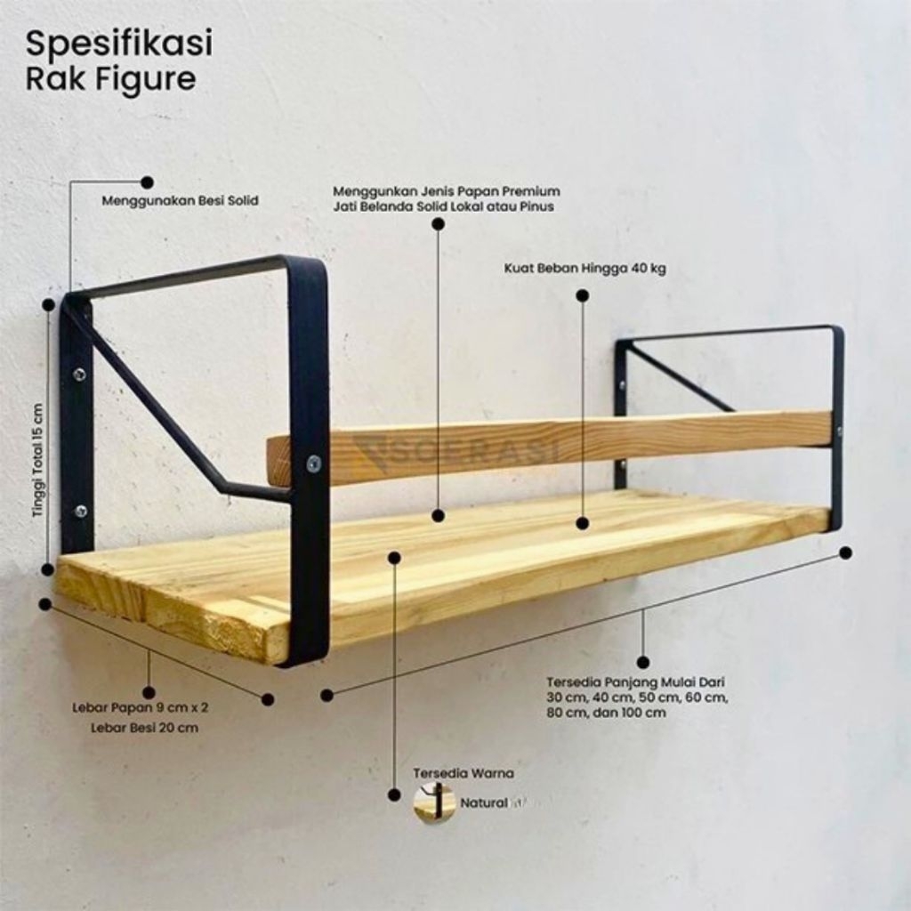 Rak Dinding Tempel Gantung Ruang Kerja Kantor Ambalan Susun Kayu dan Besi Penyimpanan Alat Tulis Buk