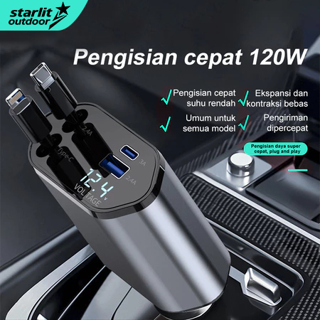 4 In 1Baru Pengisi Daya Mobil 120W Pengisian Daya Super Cepat USB Dan Adaptor Type C Dan Lightning P