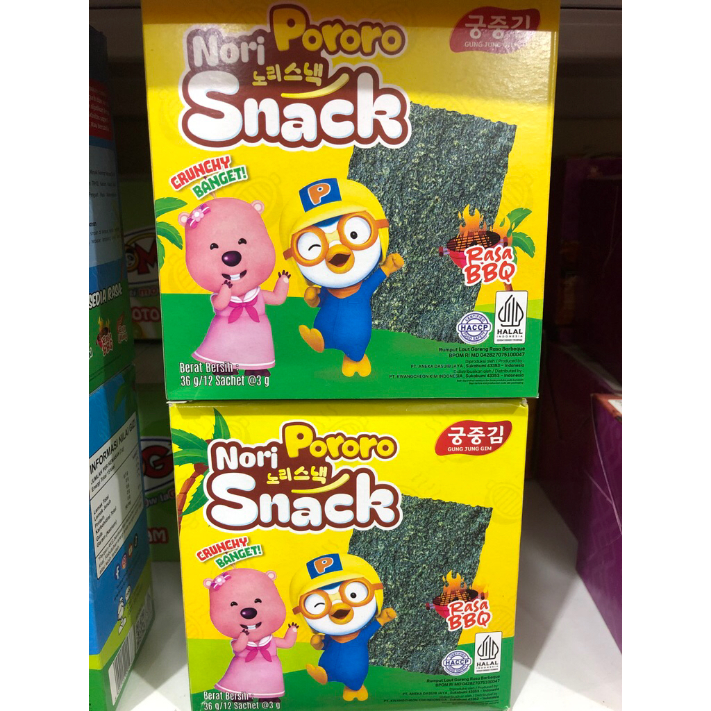 

Nori Pororo Snack Anak Rasa Rumput Laut Rasa BBQ 36g x 12pcs