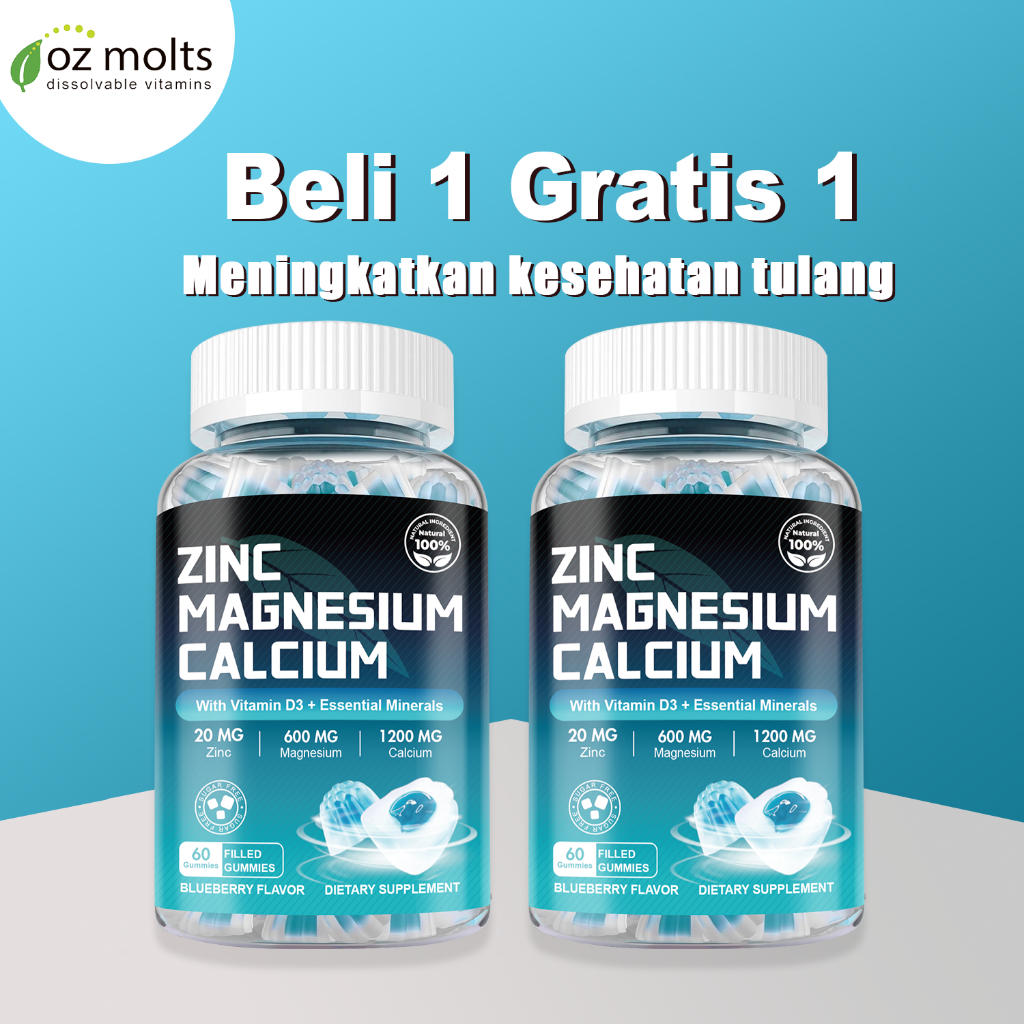 Ozmolts Calcium Magnesium Zinc Gummies Supplements Vitamin D3 & Essential Minerals Gummies Blueberry