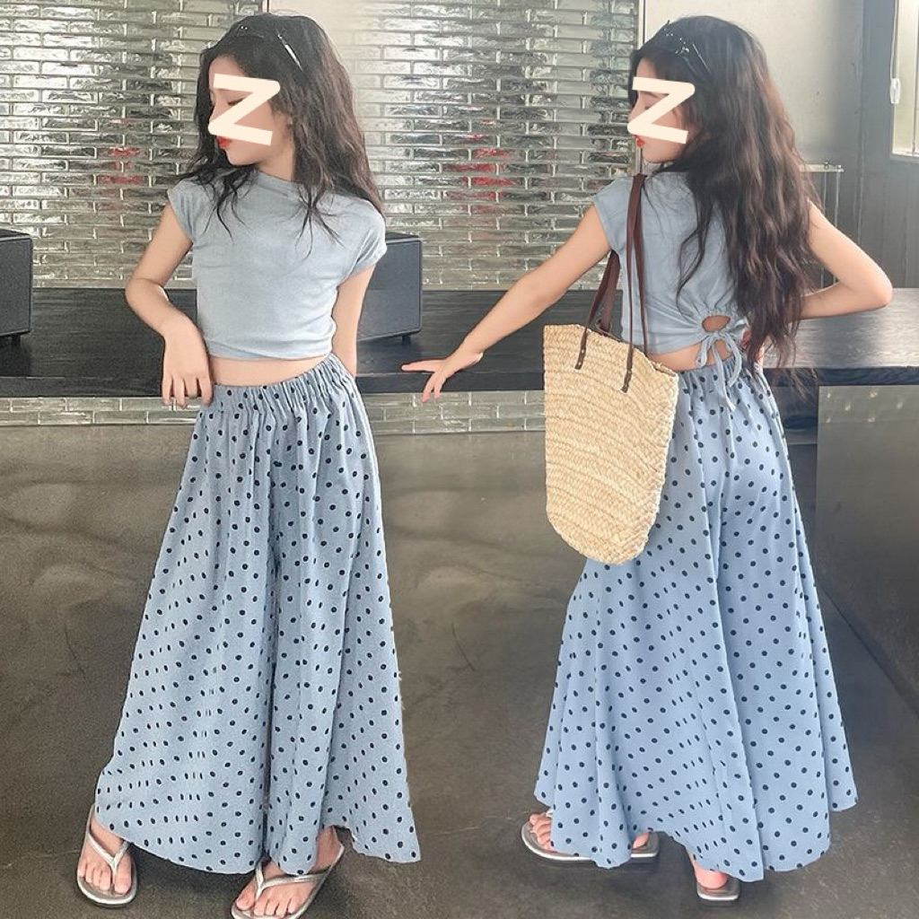 Setelan Crop Biru dan Celana Polkadot/Setelan Baju Anak Tanggung/Baju Anak Setelan Import/Baju Anak 