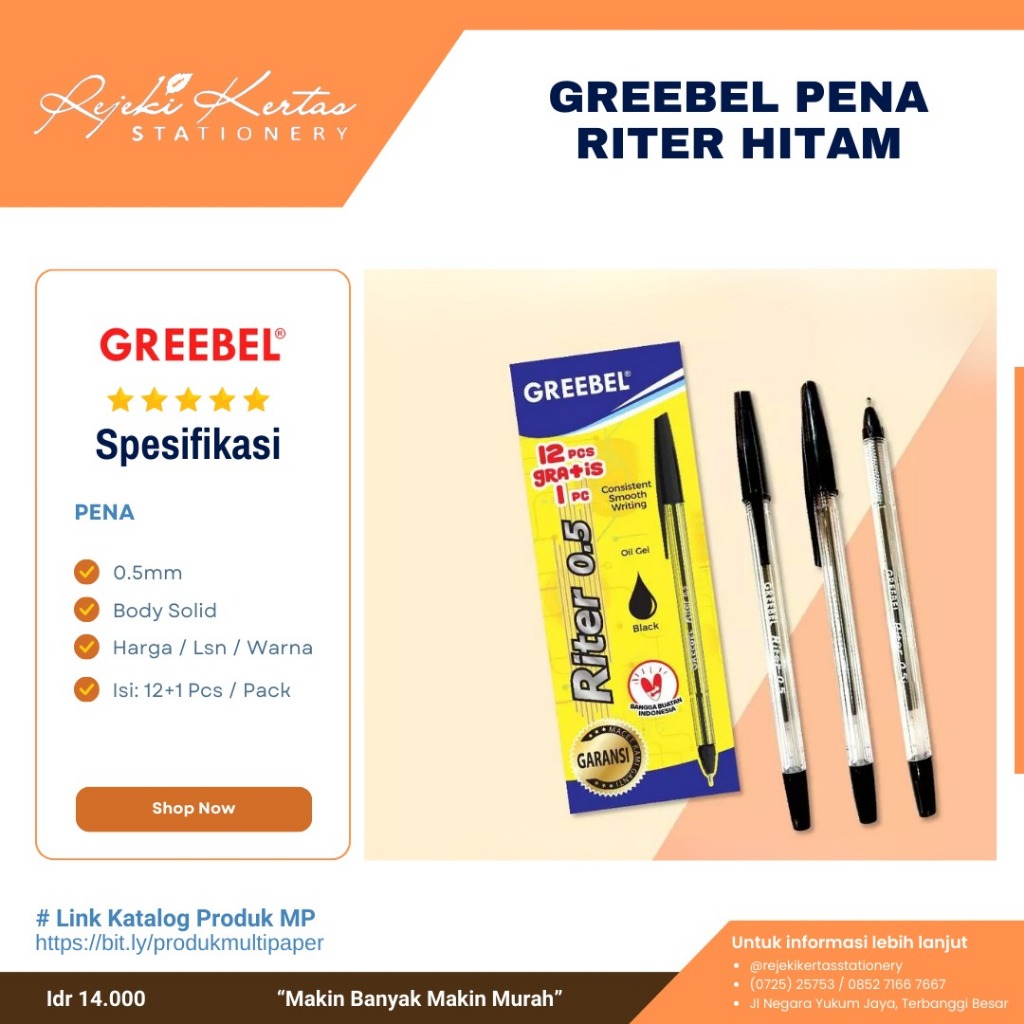 

Greebel Pena Riter Hitam (1 pak isi 12) 0.5mm