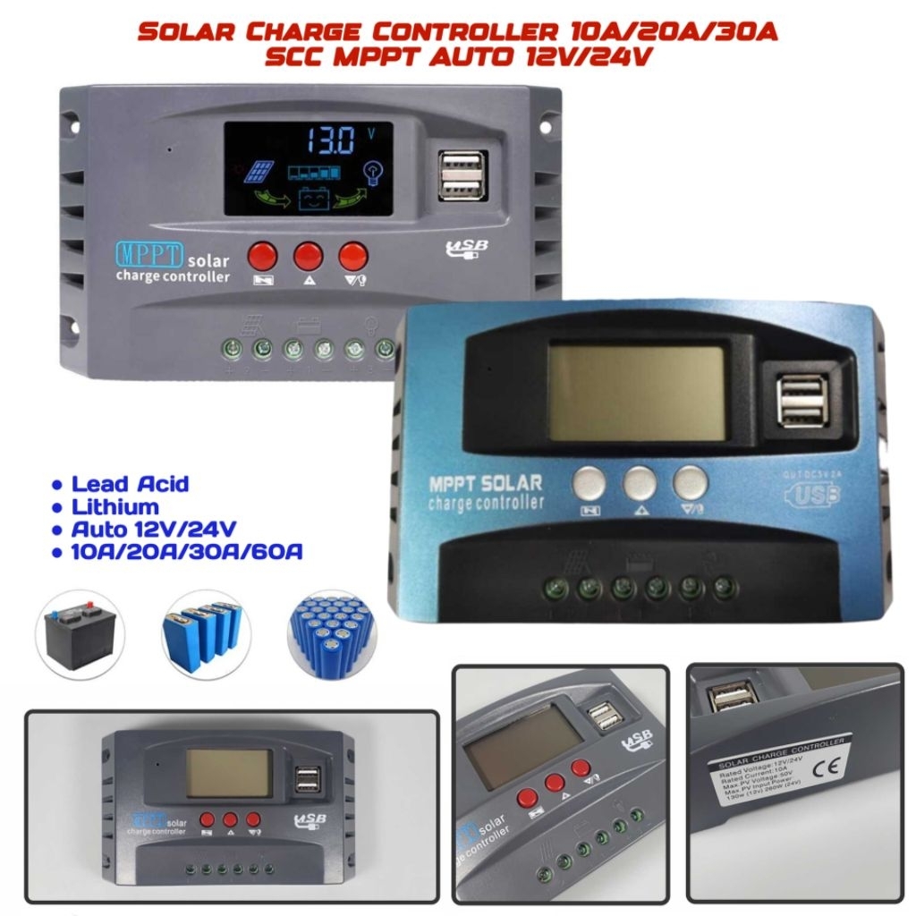 SCC MPPT 10A/20A/30A/60A Auto 12V/24V Solar charge controller Cut Off Aki Lead Acid Lithium Lifepo4