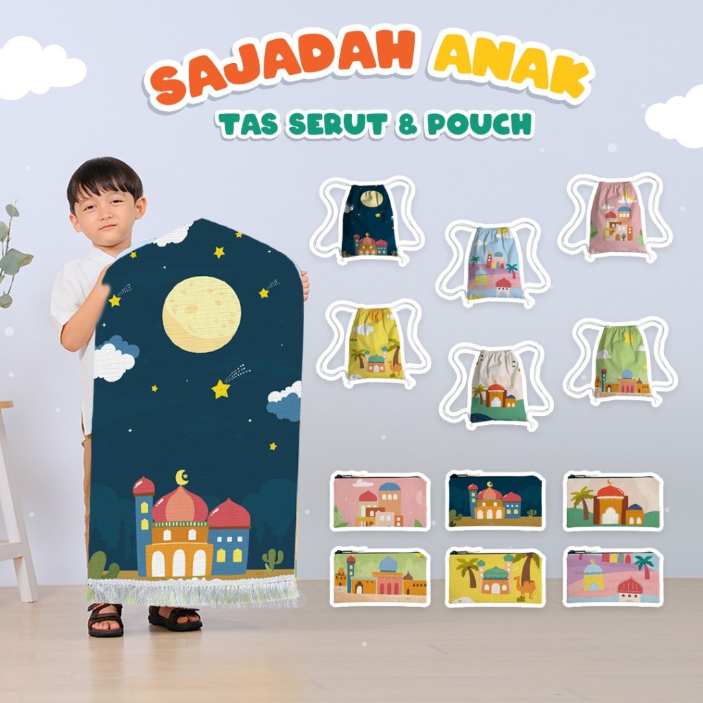 Vitto Kidswear Sejadah Sajadah Anak Motif Masjid lengkap Pouch dan Tas Serut Bisa Custom Nama Karakt