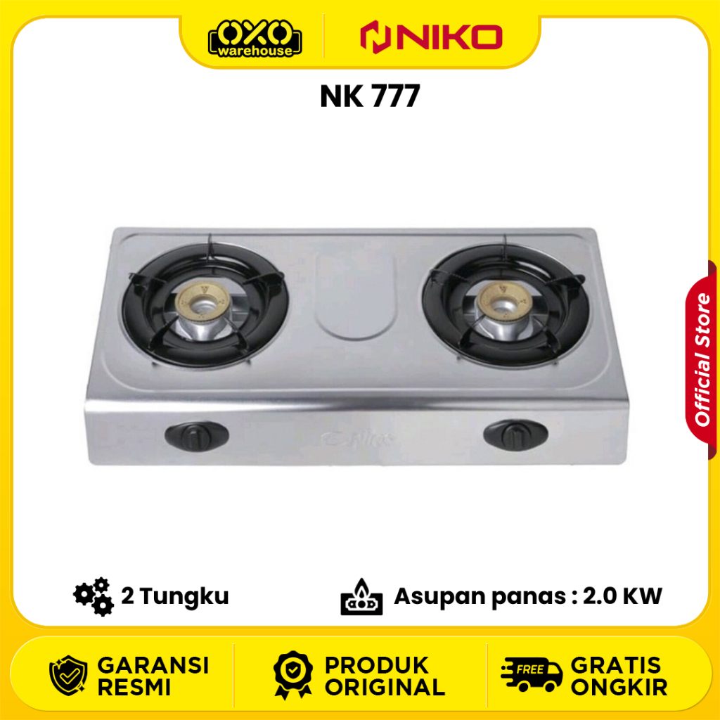 NIKO NK-777 Kompor Gas 2 Tungku – Api Biru Stabil, Body Stainless Anti Karat Garansi resmi