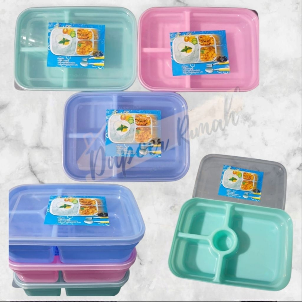Tempat Makan Plastik 4 Sekat/Kotak Makan Microwave Safe/Ompreng/Lunch Box
