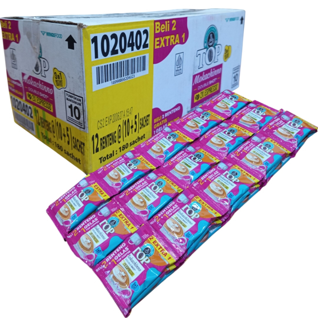 

TOP Kopi Mocachinno Double Shot 2x Espresso 22g 10+5 sachet Coffee Paket 5 Rtg 75 Sachet
