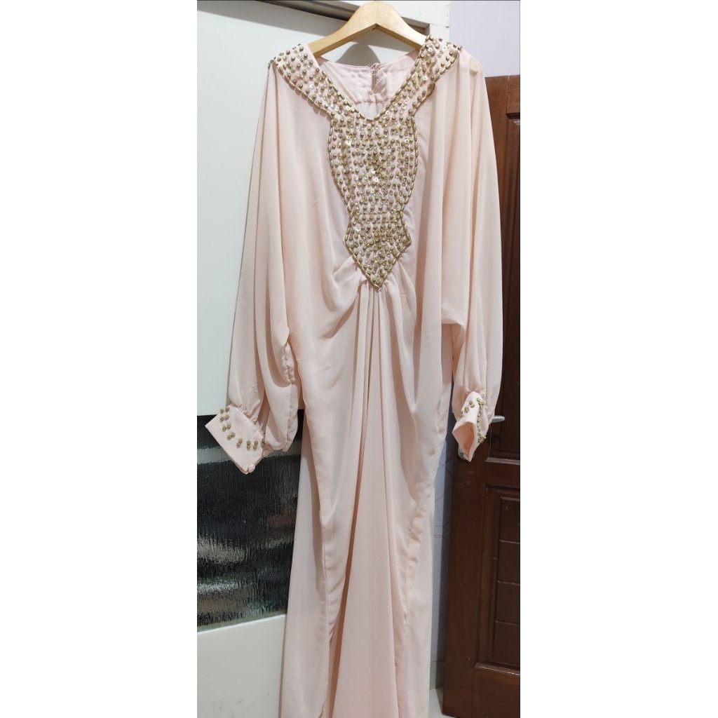 PL kaftan gamis warna soft peach