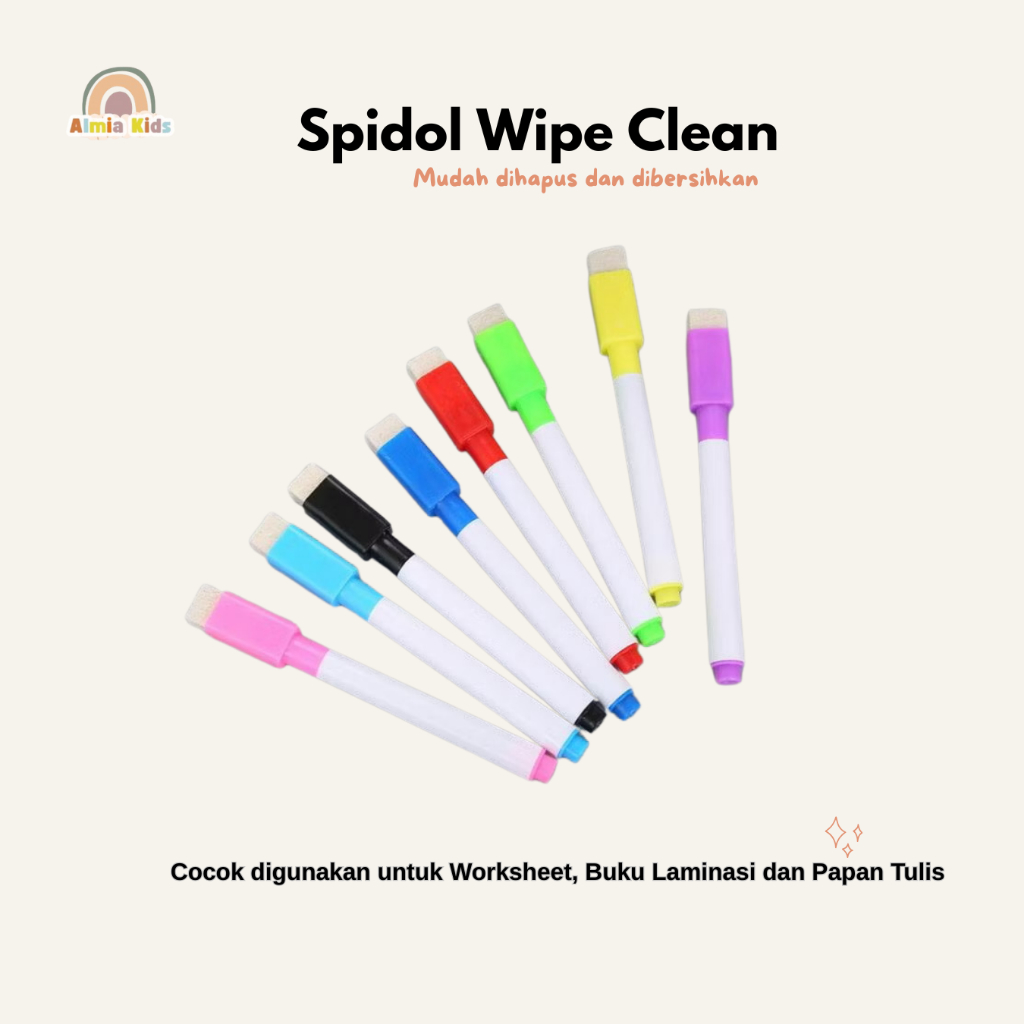 

Almia Kids - Spidol Wipe Clean/Spidol Worksheet/Spidol Warna - Warni dilengkapi Penghapus/Spidol Worksheet Anak Mudah dihapus